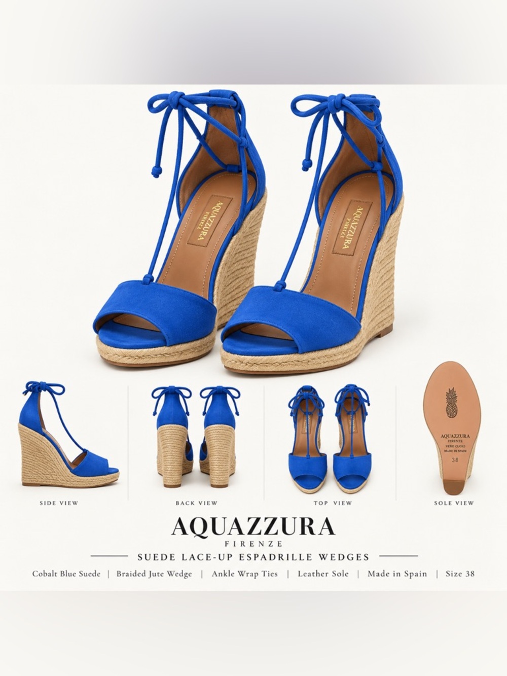 Aquazzura Royal Blue Suede Lace-Up Wedge Sandals